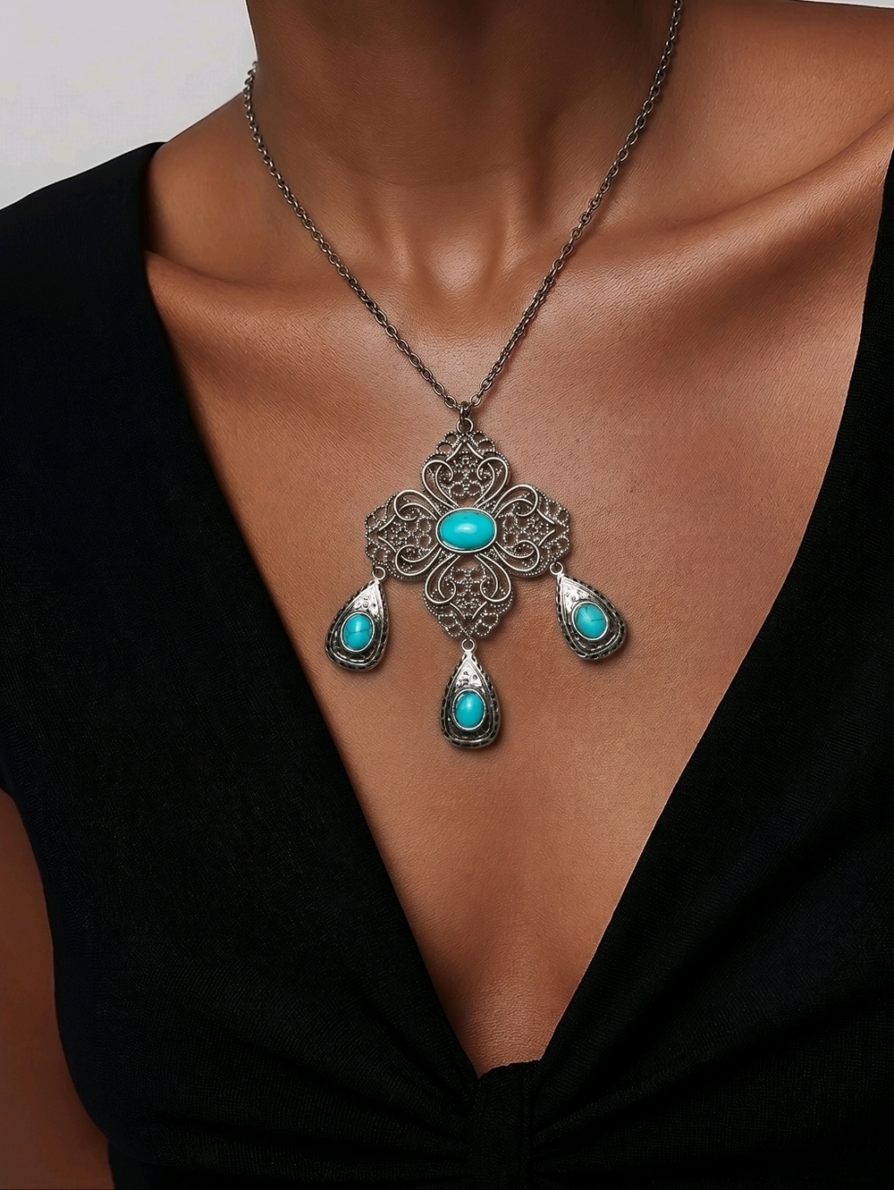 NWT Nadine West Intricate Antique Silver and Faux Turquoise Necklace ~23"